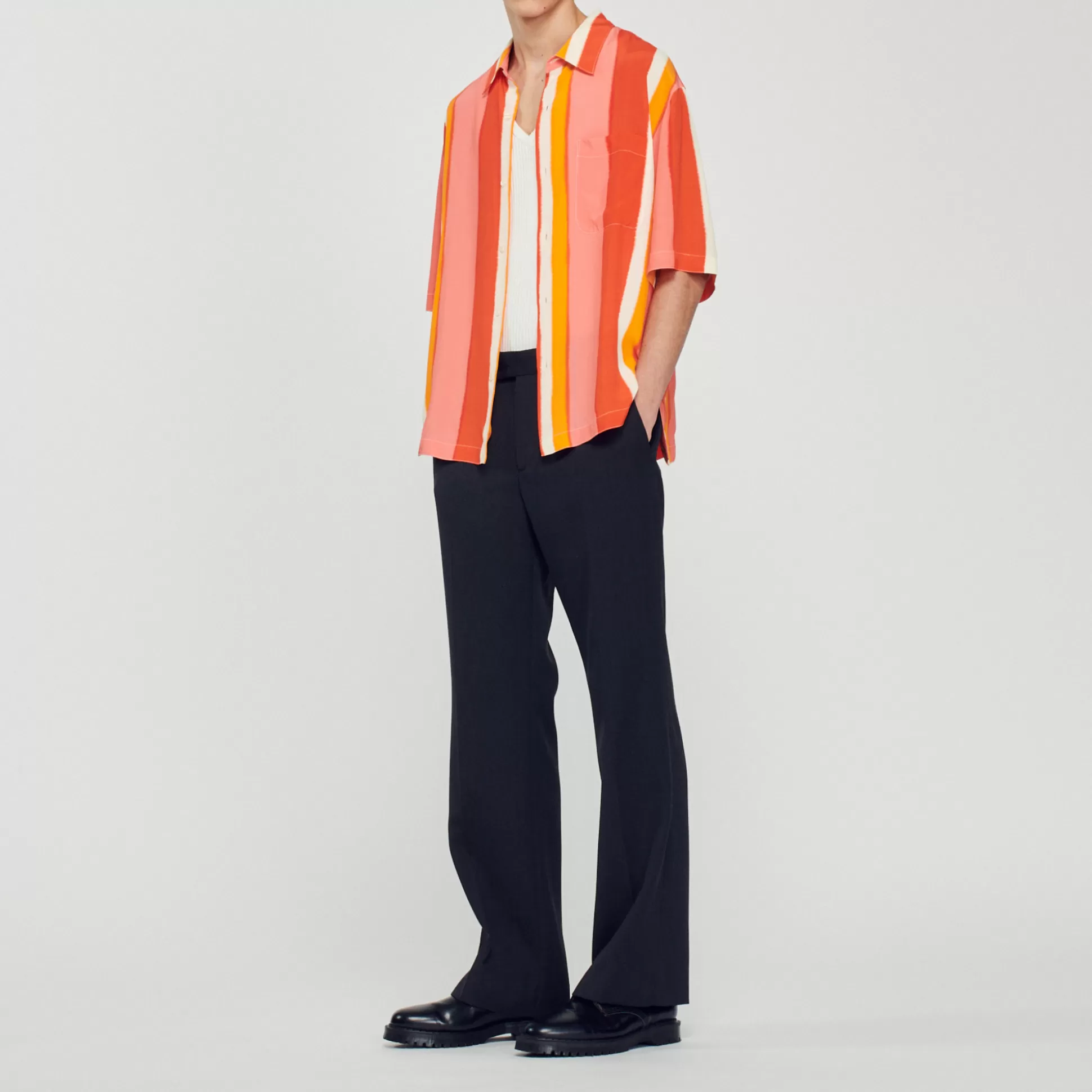 Hot Camicia Fluida A Righe A Maniche Corte Uomo Camicie